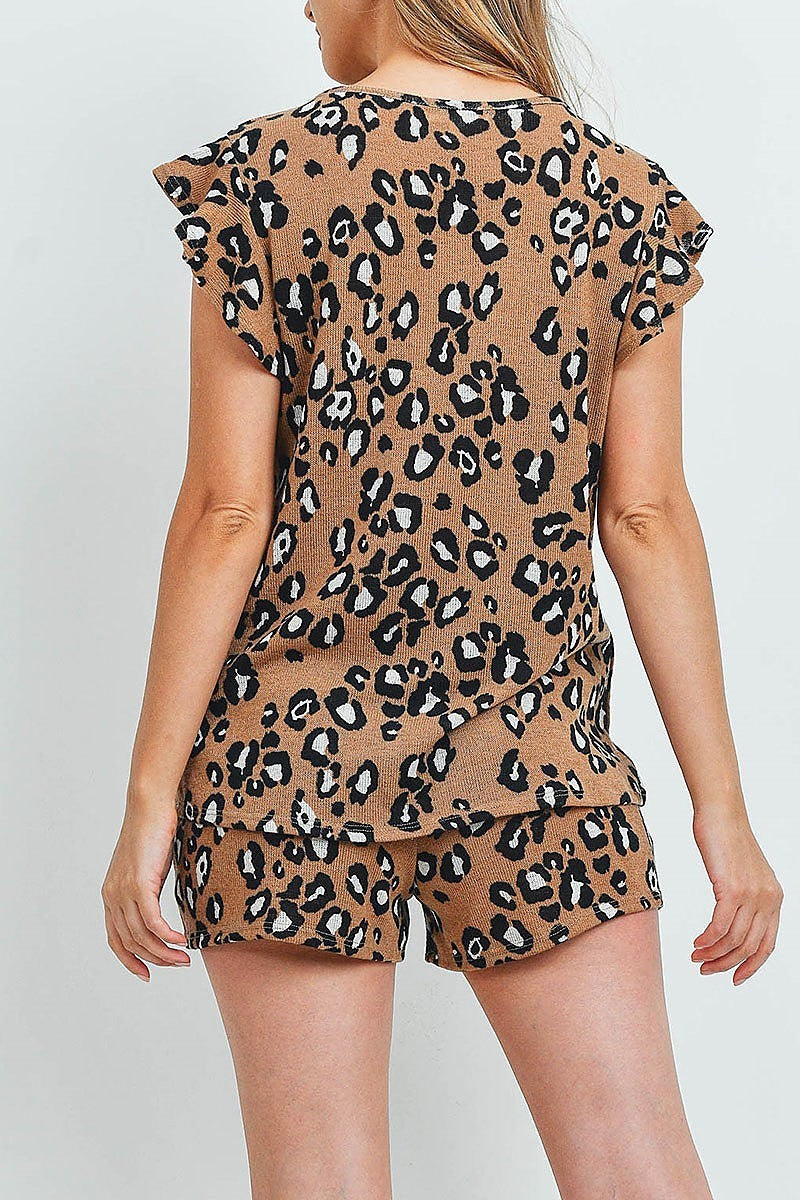 Leopard ruffle cap sleeves top and shorts set (ED9911)