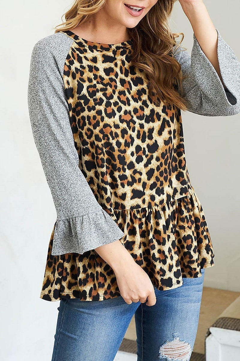 Bell rib quarter sleeve leopard shirring top (EF2653)