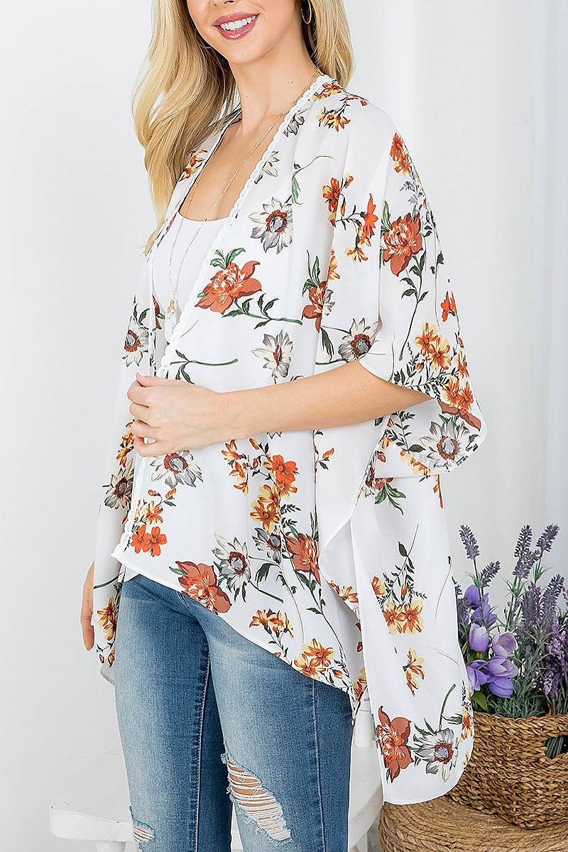 Floral print kimono with lace trim (EF3970)