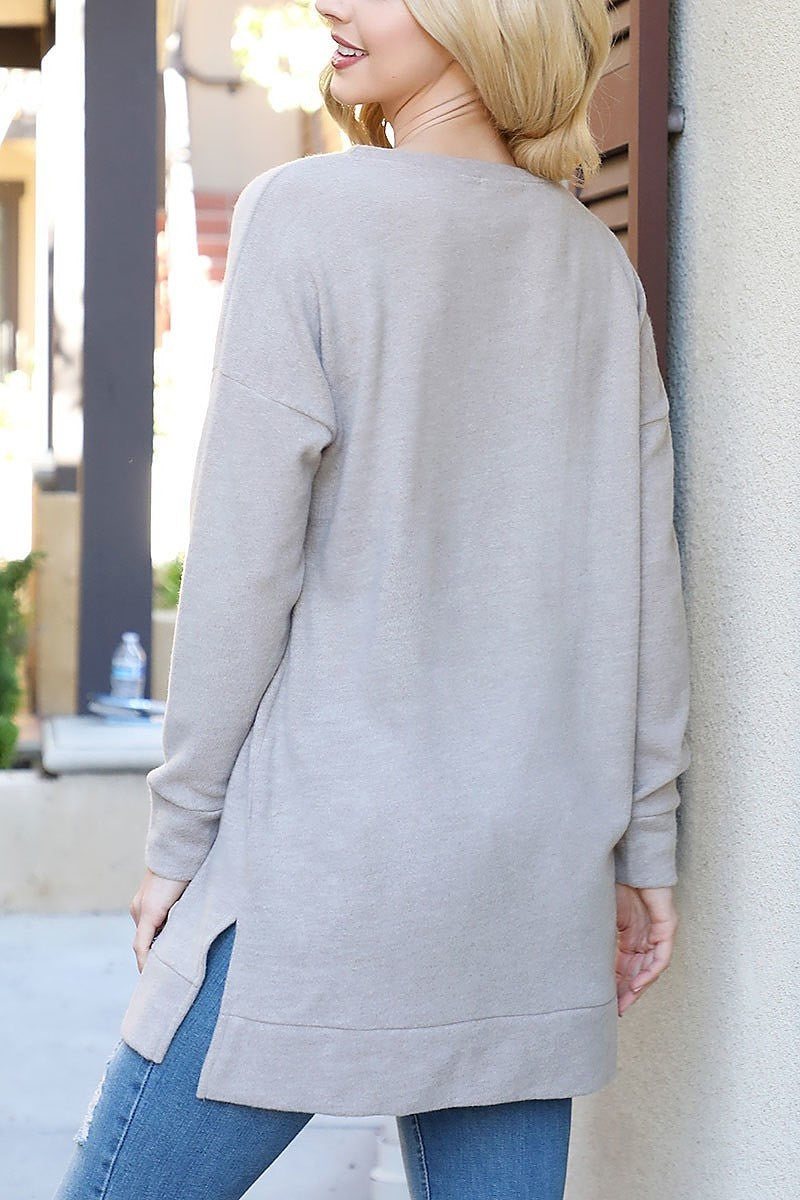 Side slit long sleeve round neck sweater (EF7034)