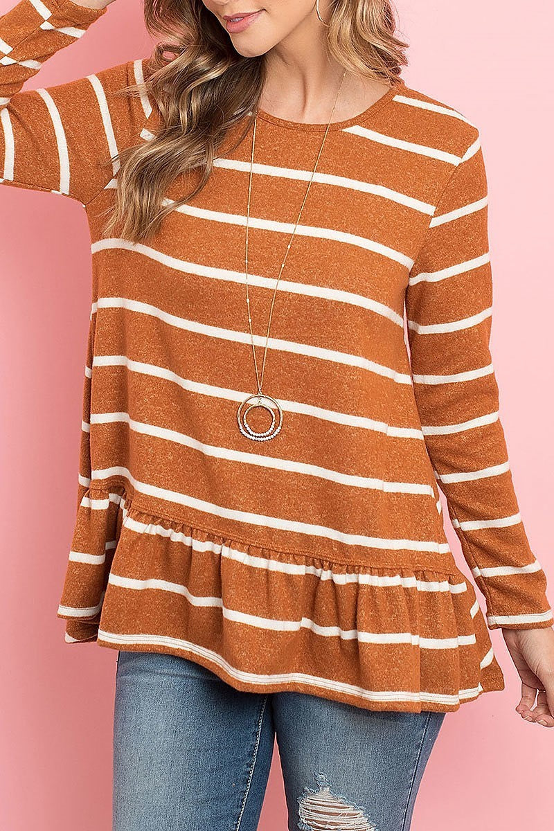 Stripe long sleeve ruffle detail hem tunic (ED8304-1)