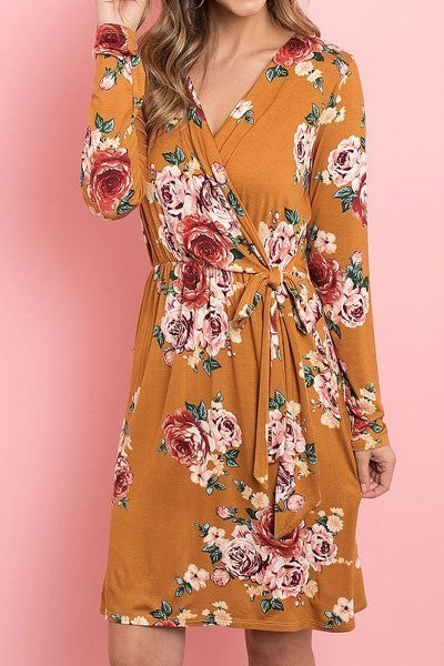 Surplice neckline cinch waist floral dress (DED6013-1)