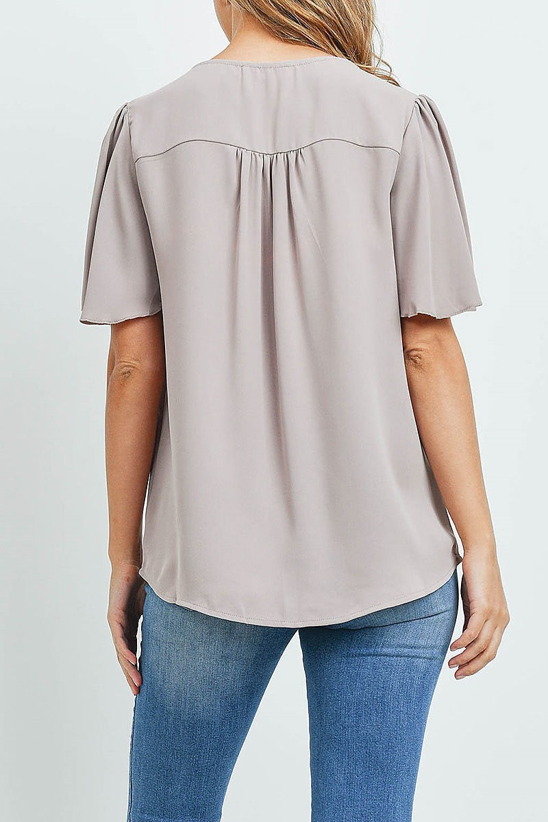 Waterfall sleeve v neck round hem top (ED9956)