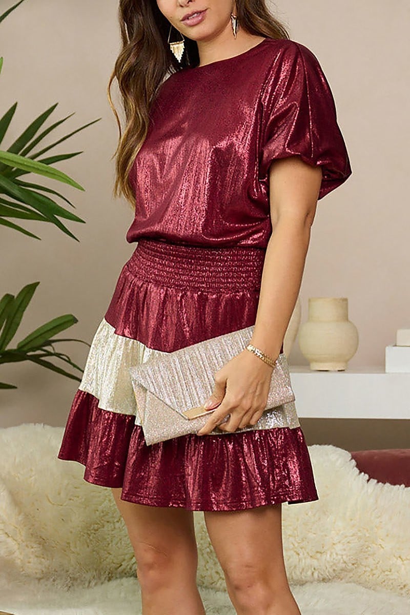 Smock waist shimmer fit & flare mini dress (EFWT5989)