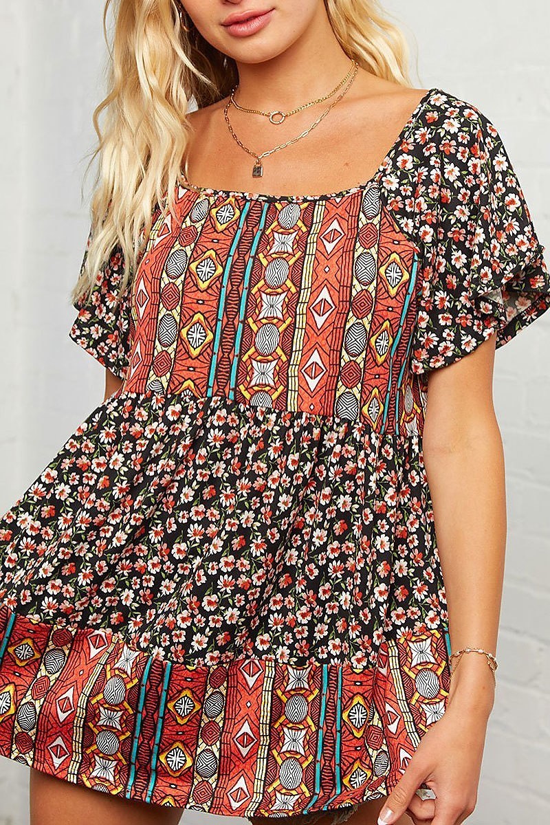 Floral bohemian print baby doll blouse (EDBM4806)