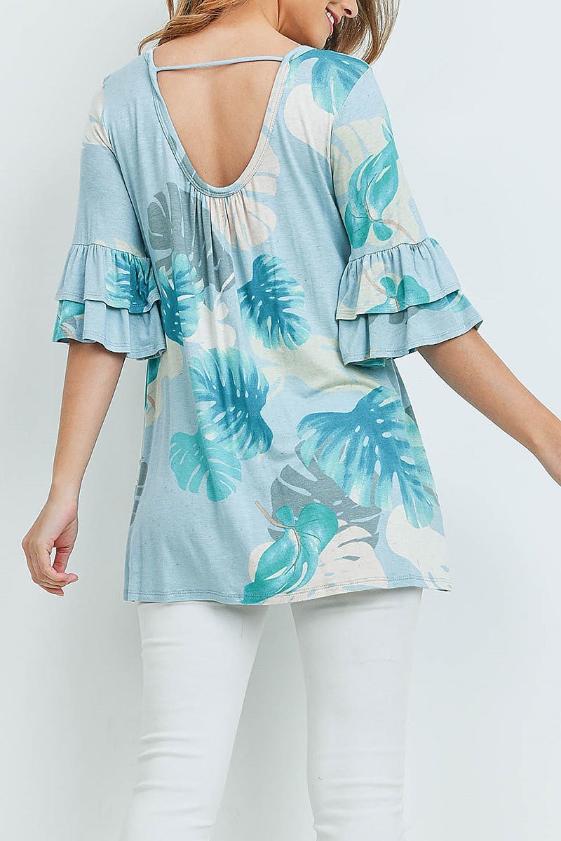 Bell sleeve leaves print tunic blouse top (ED8880-2)