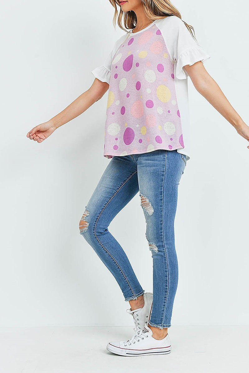 Ruffle raglan sleeves multi color polka dot top (ED9645)