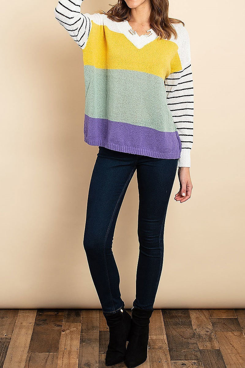 Distressed neck stripe color block sweater (DGS4973)