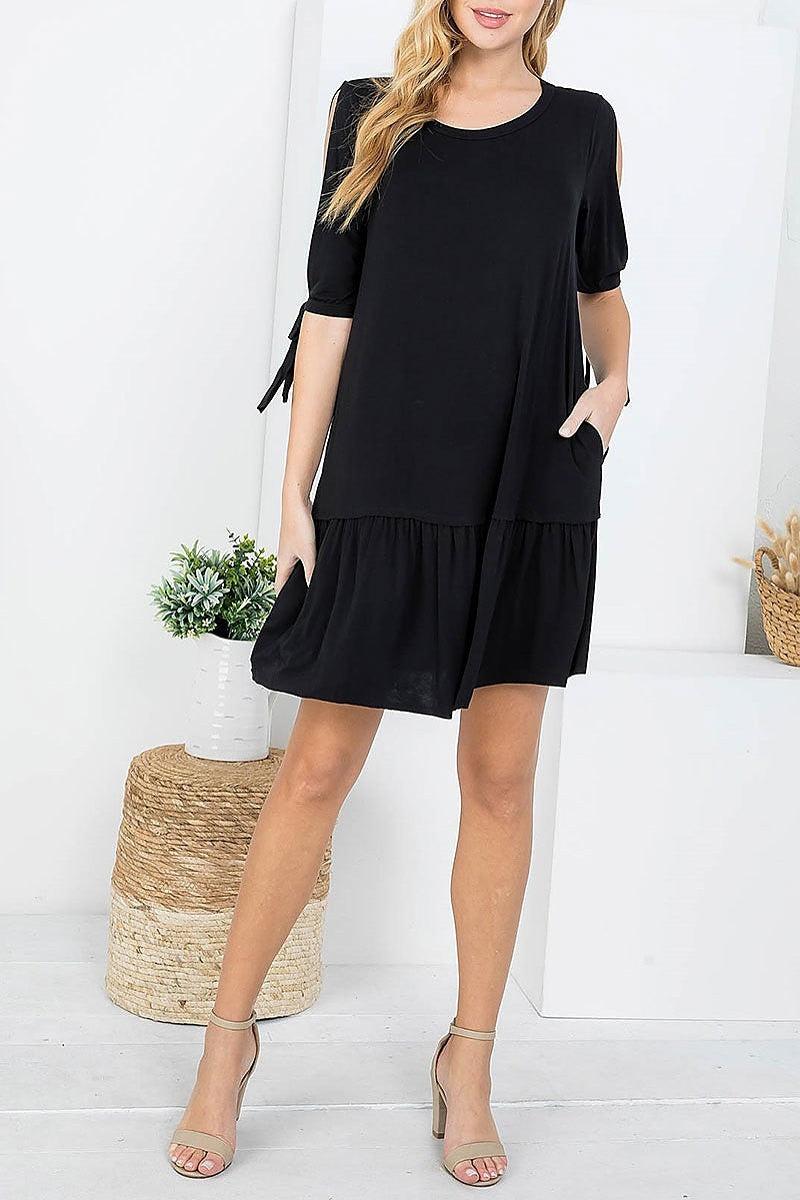 Open tie sleeve ruffle hem dress (DED7723)