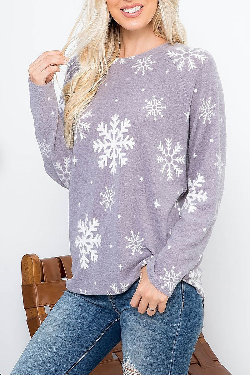 Snowflakes print long sleeve cashimer top (EF2398)