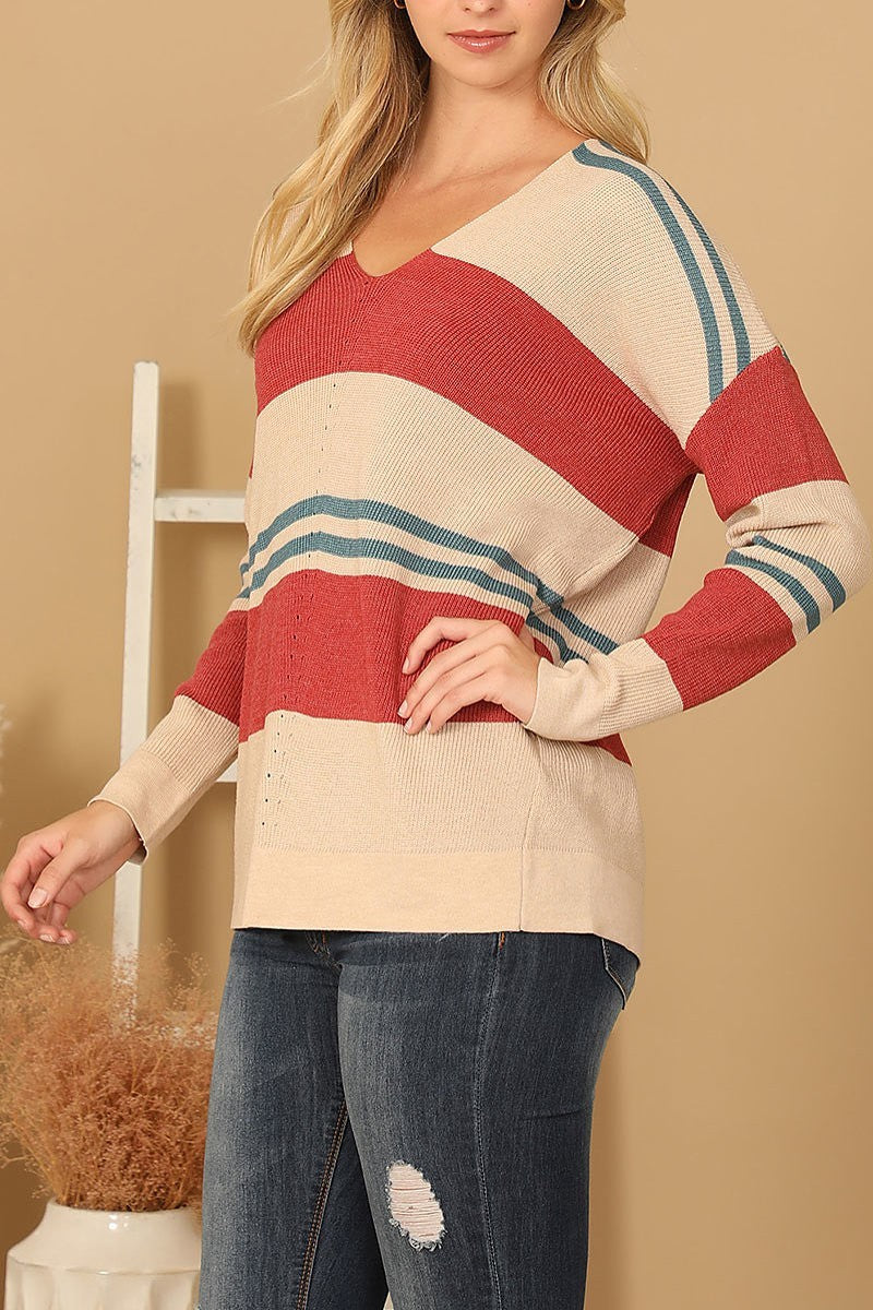 V-neck stripe knitted sweater (DGS6681)