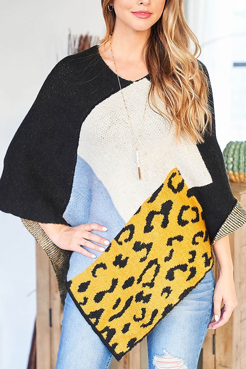 Multi pattern leopard knit soft poncho (DGS5605)