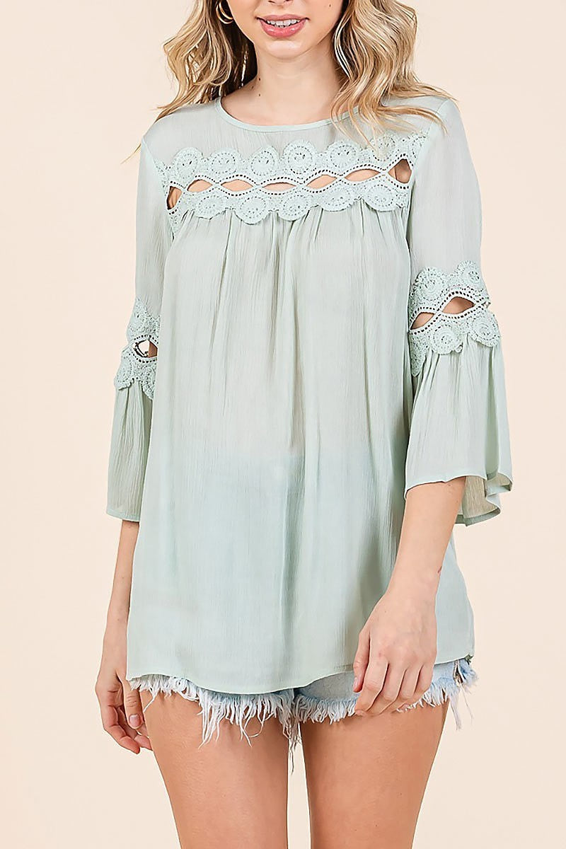 Textured 3/4 sleeve embroidered blouse top (EDH2148)