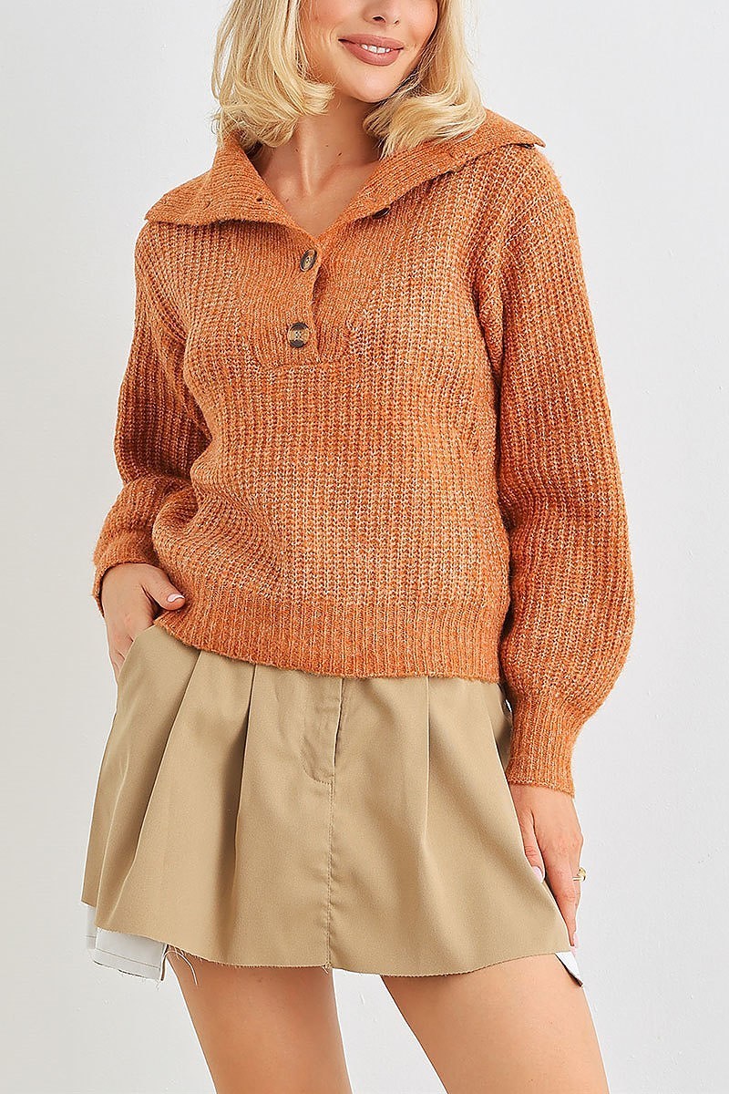 Wool knit button up neck crop sweater (TED2056)