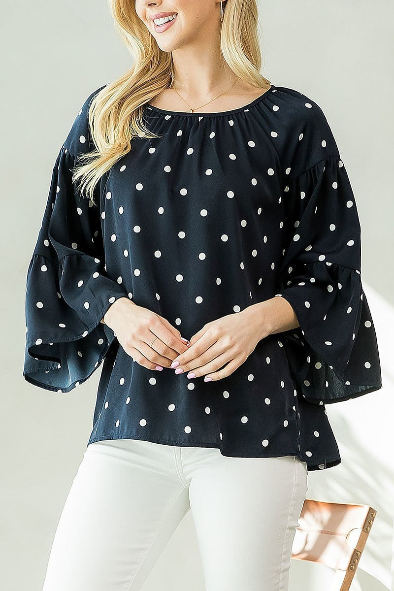 Bell sleeve polka dot ruched top (EF3938)