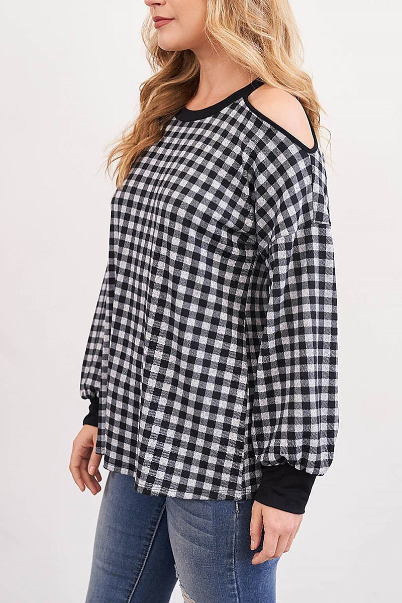 Plaid long sleeve cold shoulder top (EF2757)