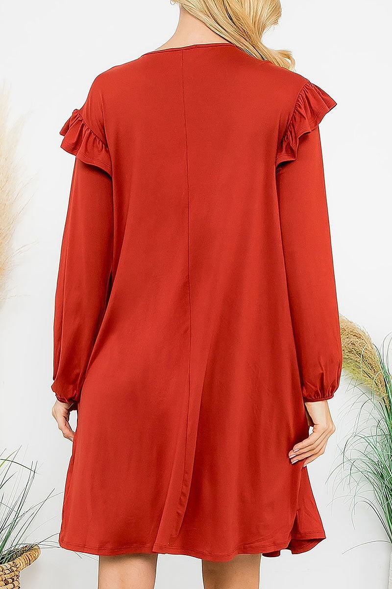 Long sleeve ruffle detail solid dress (DED8851)