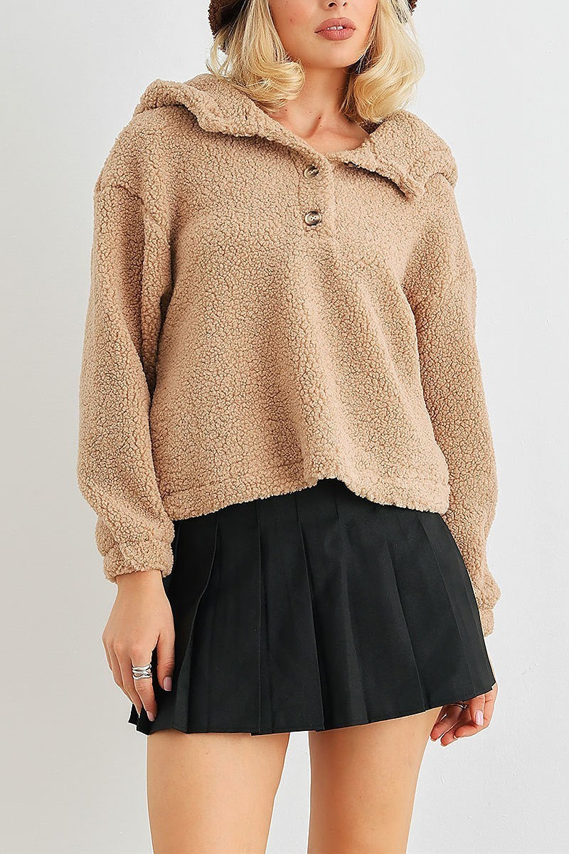 Teddy knit button up pocket hodded sweater (TED2054)