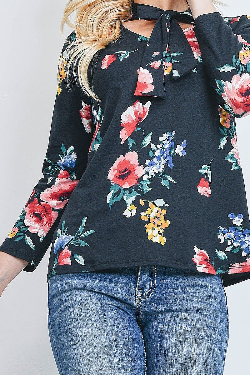 Tie neck detail floral print long sleeve top (EF2105)