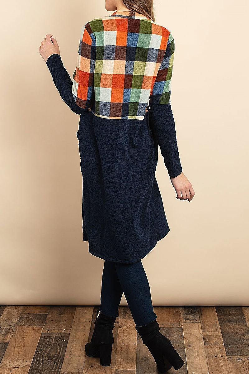 Checker color block pocket detail cardigan sweater (DGS4953-3)