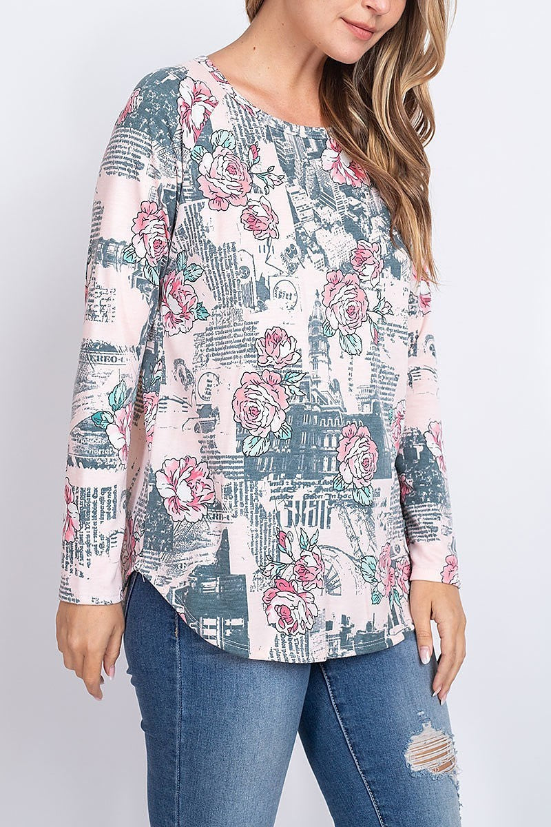 Floral newspaper print round neck top (EF1883)