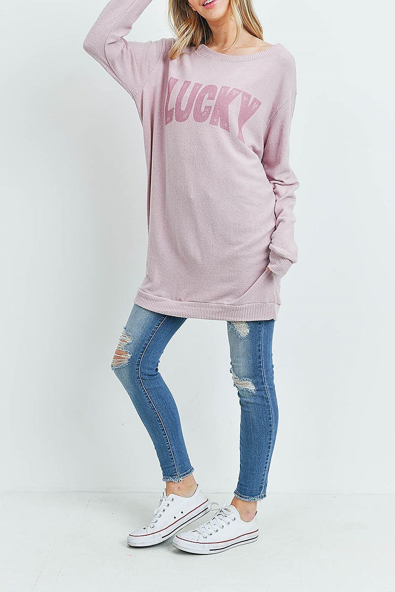 Round neck lucky graphic top (ED8792-2)