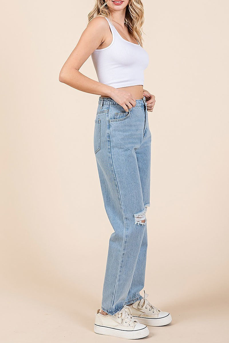 High waist distressed straight leg jeans (EDH2088)