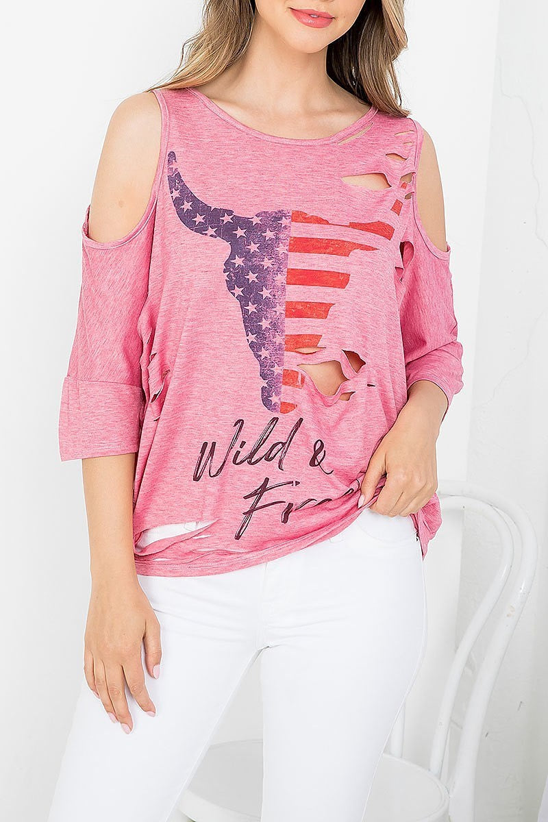 American bull head print wild n free distressed batwing top (EF3696)