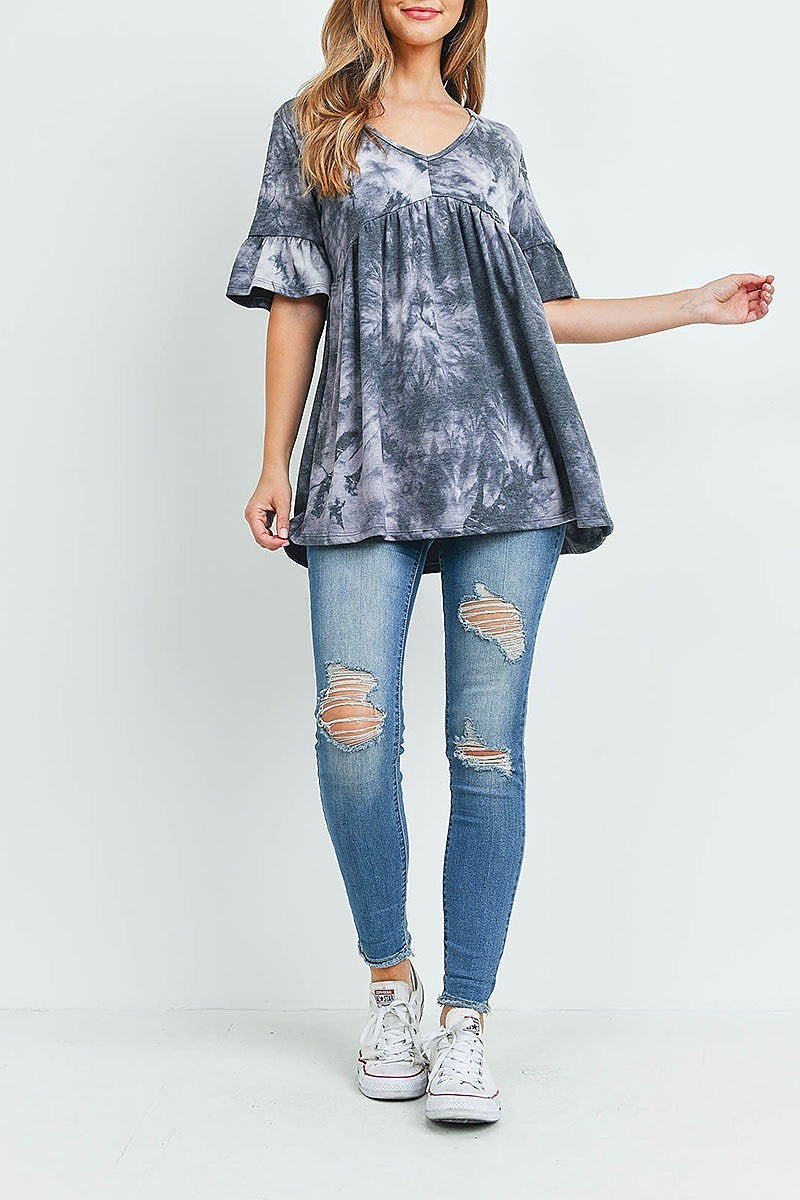 V neck ruffle sleeve tie dye top (ED9618)