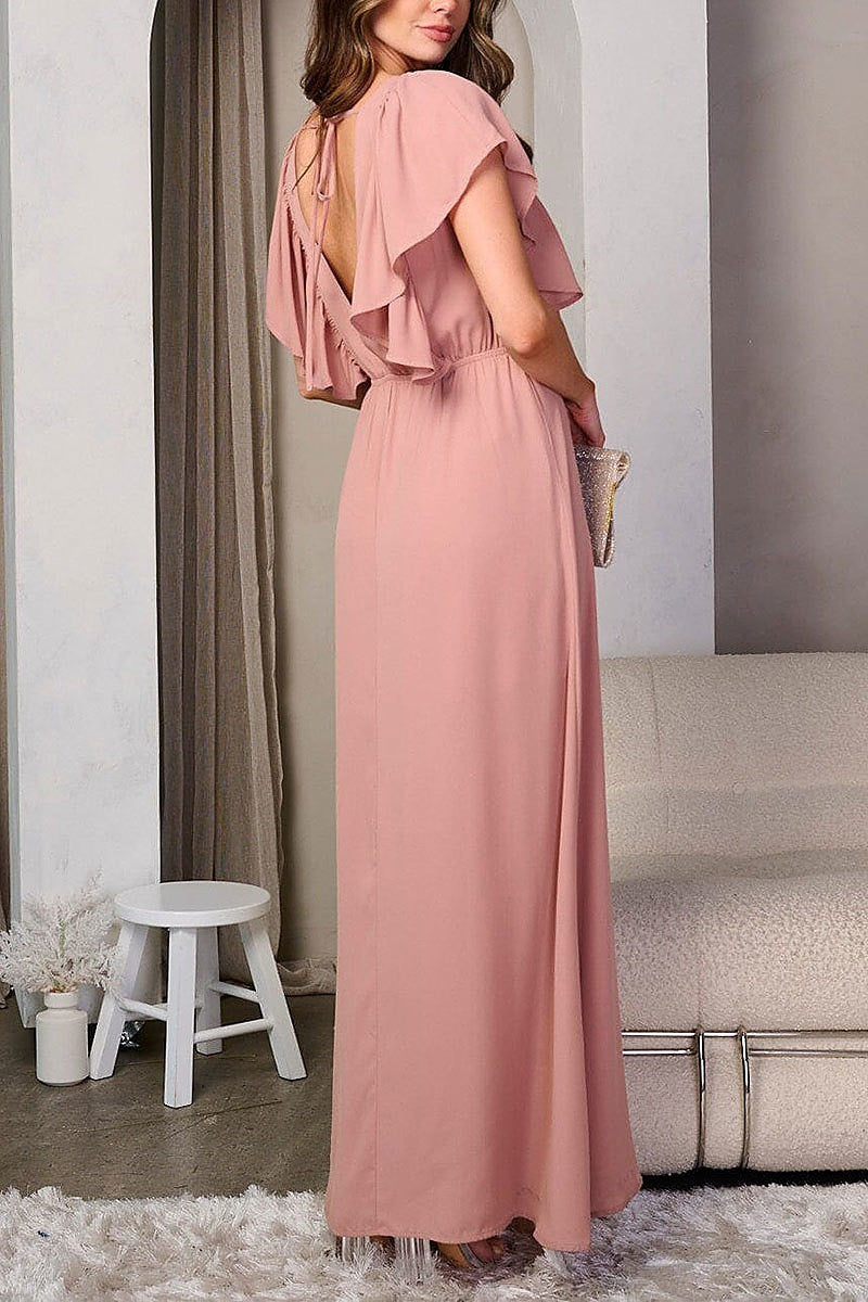 Short ruffle sleeve side slit maxi dress (EFWT8190)