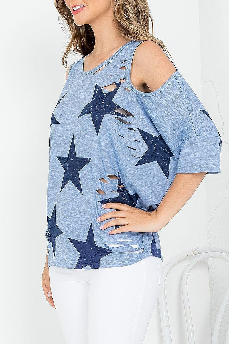 Stars print cold shoulder scoop neck distressed batwing top (EF3695)