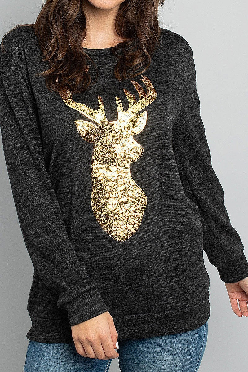 Brushed hacci sequins reindeer shape top (ED8318)