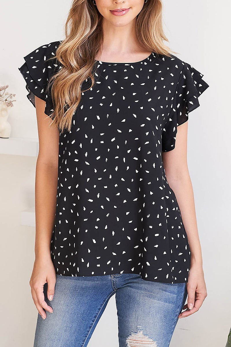 Layered ruffle cap sleeve printed top (EF2583)