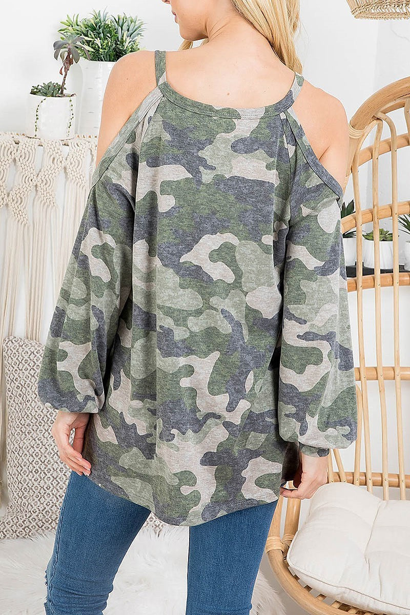 Off shoulder v neck camo print top (EF2841)