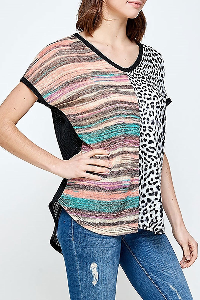 V neck stripe animal print color block top (ED9192-1)