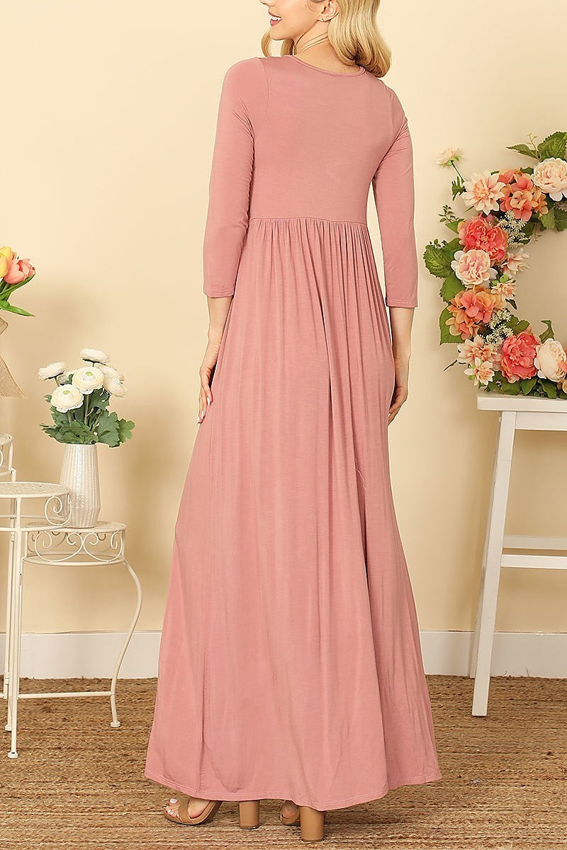 Quarter sleeve pleated waist solid maxi dress (DED9442)