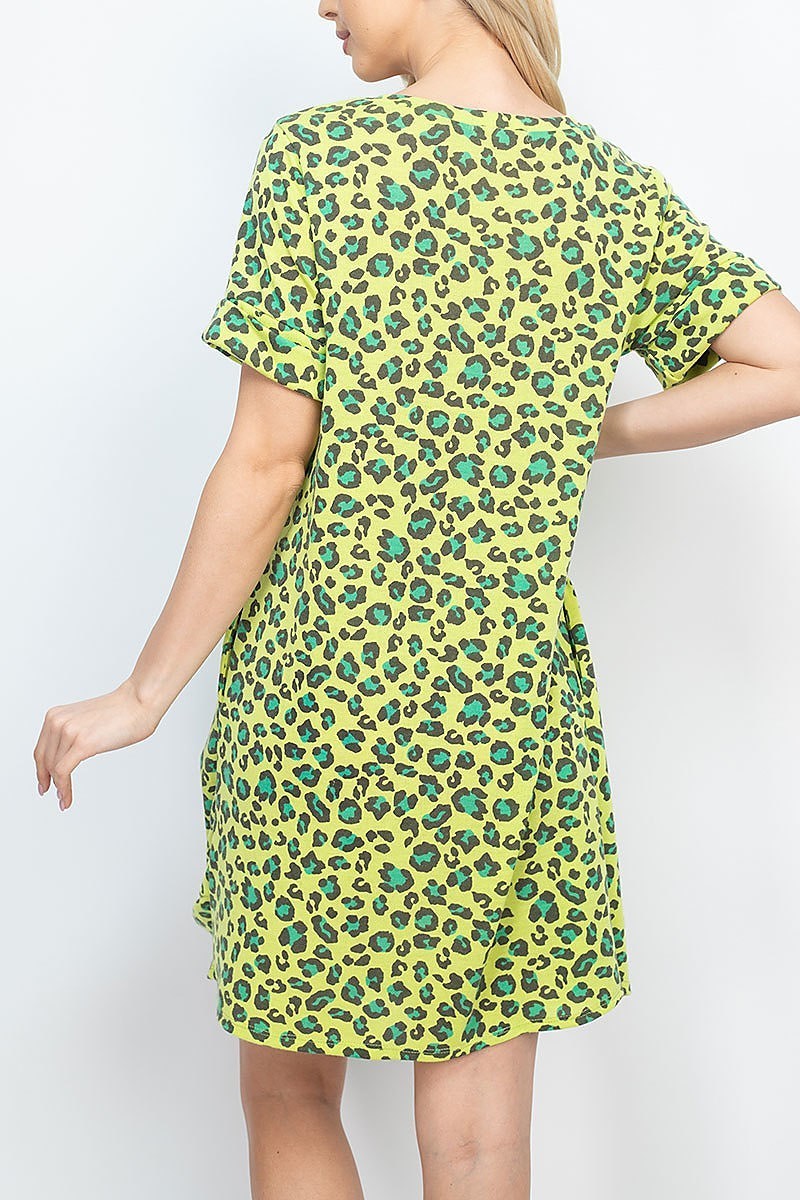 Rolled sleeve twist front hem leopard pocket dress (DED6577)