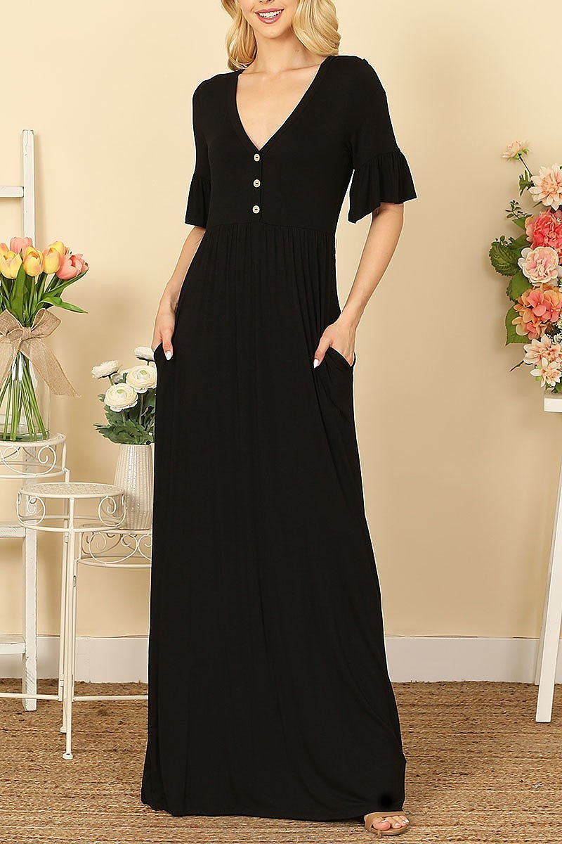 V-neck button detail side pocket solid maxi dress (DED9441)