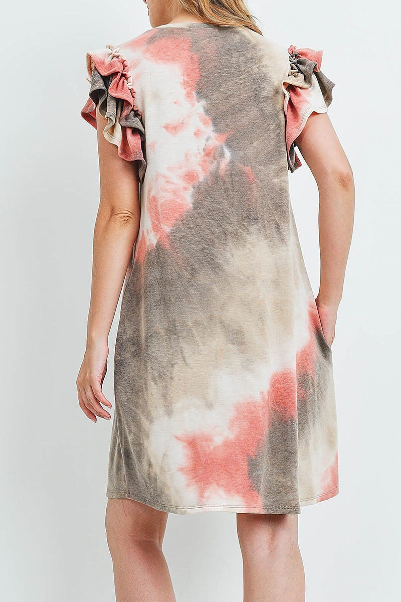 Layered ruffle sleeve tie dye pocket dress (DED6508)