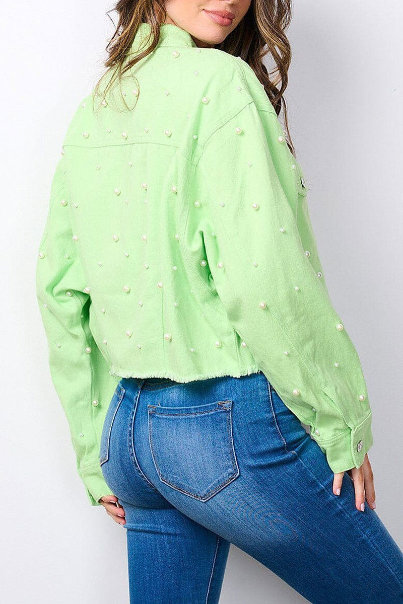 Button closure pearl detailed denim jacket (EFWT7596)