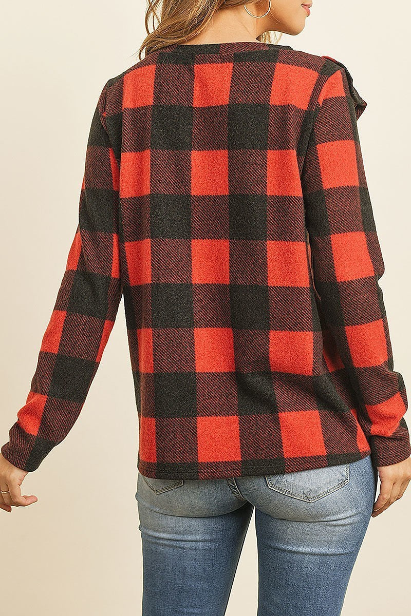 Brushed plaid ruffle detail long sleeve top (ED8307)