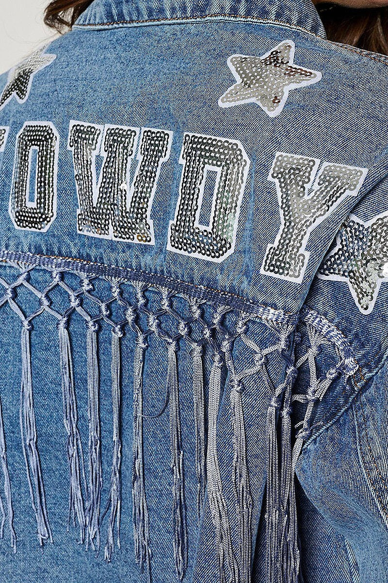 Button closure fringe howdy pockets denim jacket (EGWT1416)