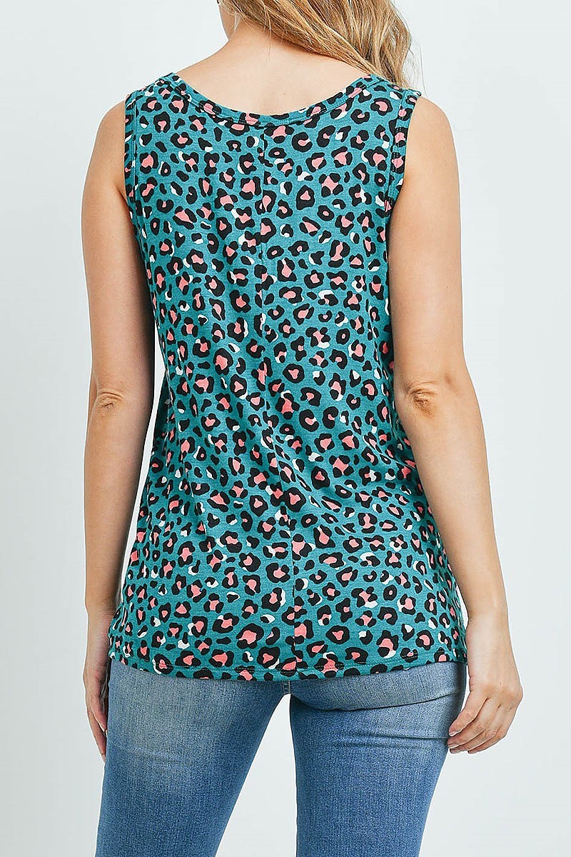 Leopard scoop neck sleeveless pleated top (ED9364)