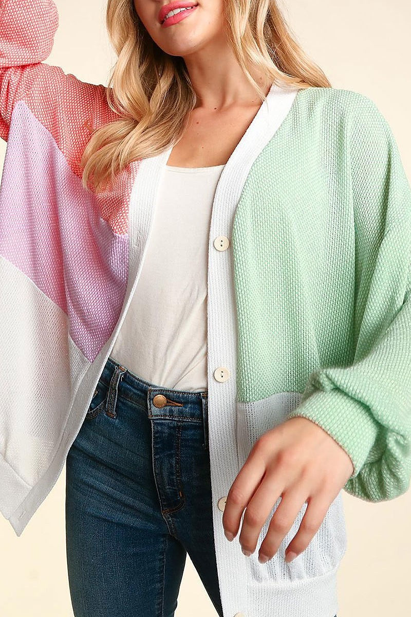 Color block oversized button down cardigan (ETBM4420)