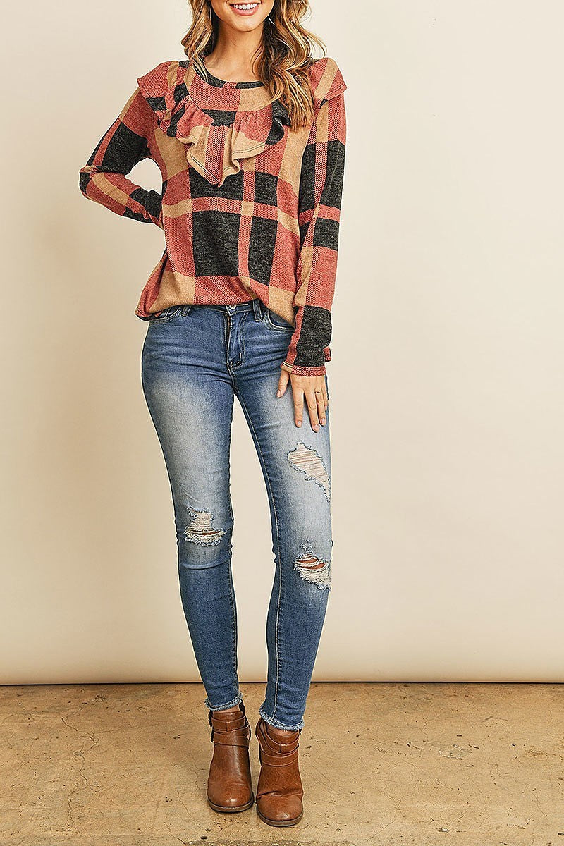 V shaped brushed plaid ruffle detail long sleeve top (ED8231)