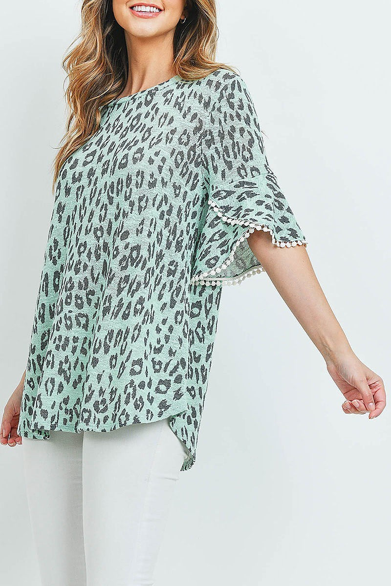 Lace detail bell sleeves leopard top (ED8809)