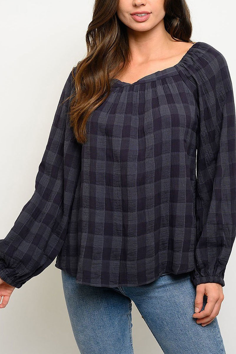 Long sleeve round neck plaid top (EDWT2806)