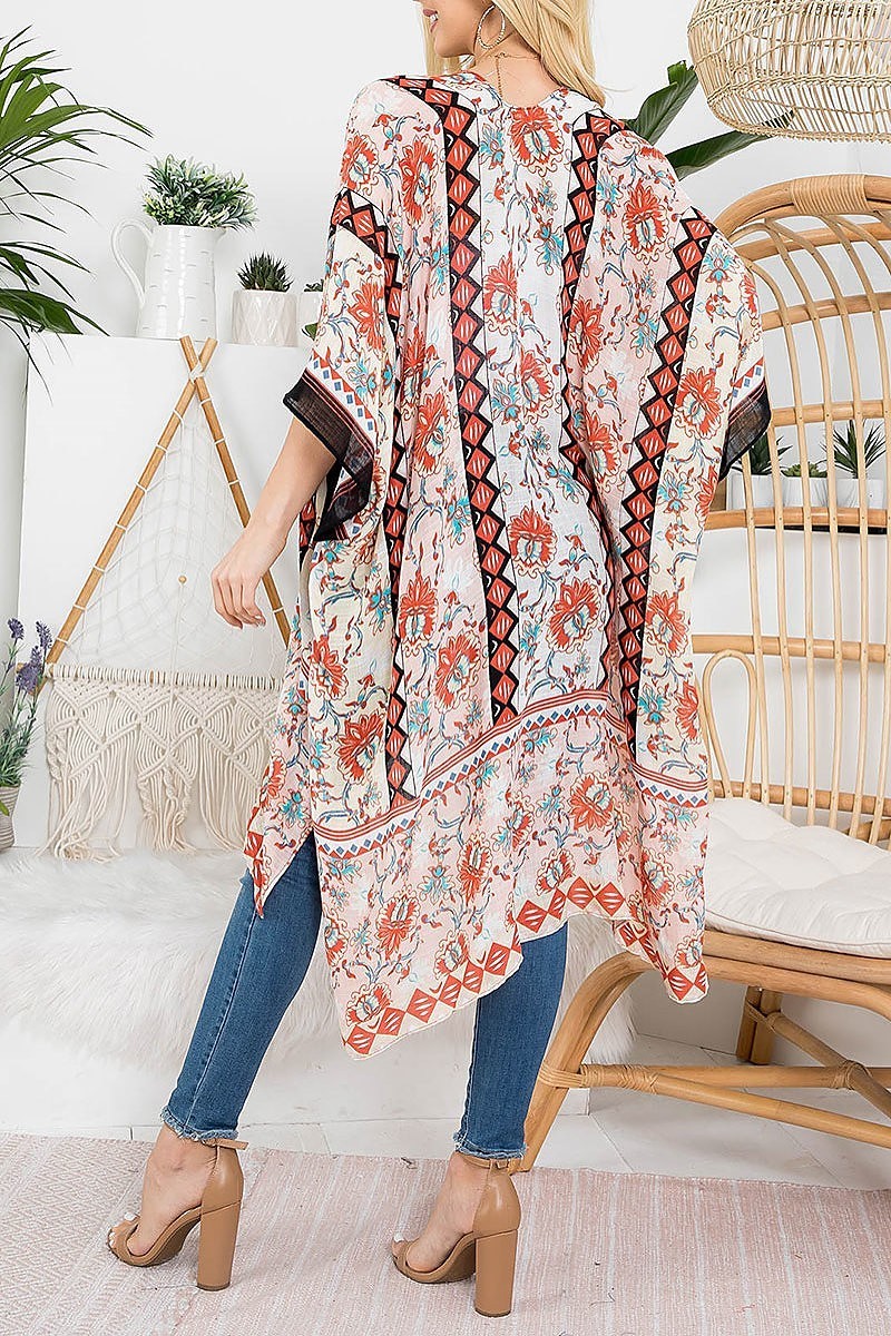 Floral print knee length boho kimono (EF3444)