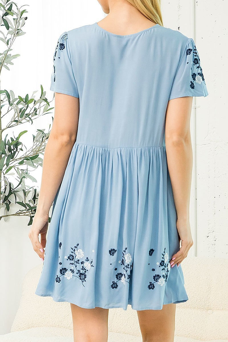 Floral embroidered ruched baby doll dress (DED7587)