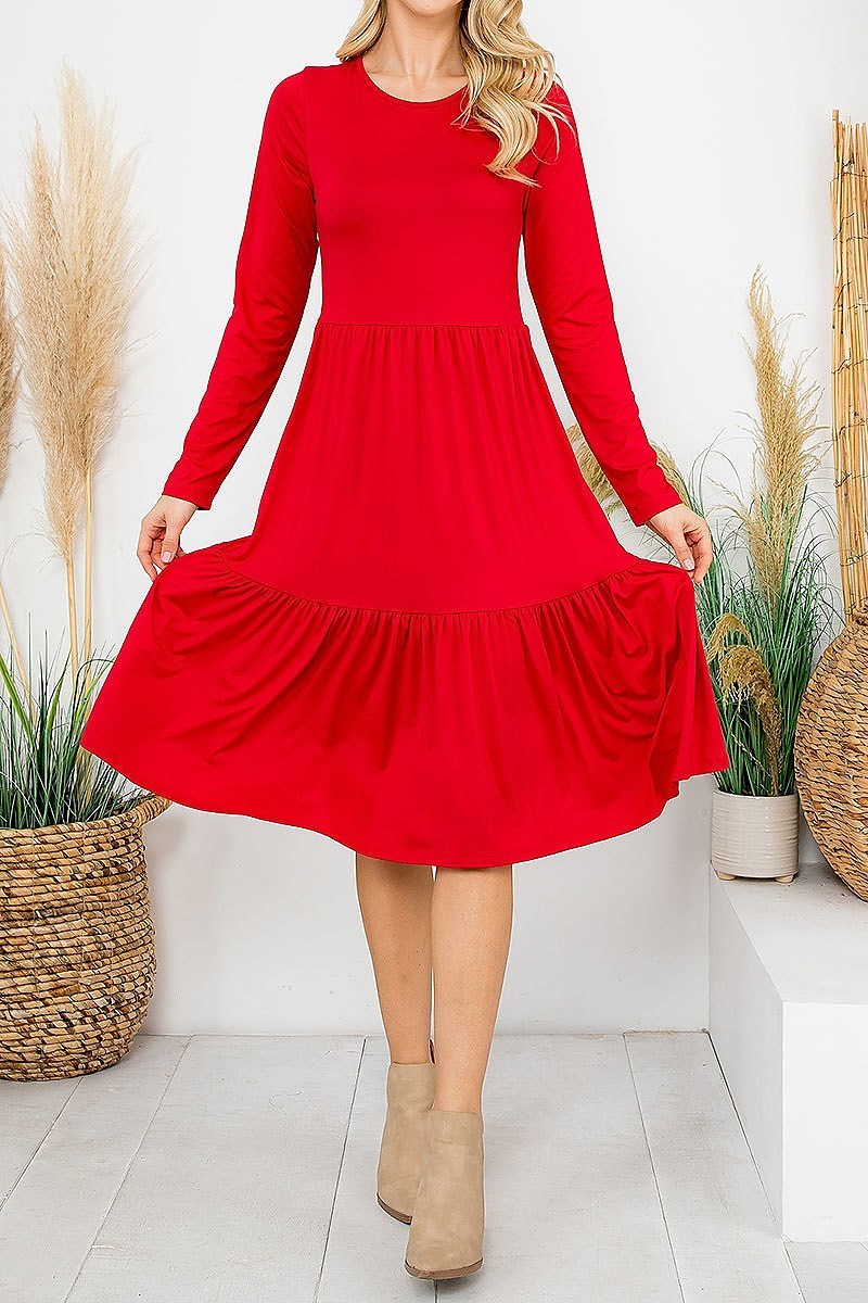 Solid long sleeve tiered pocket flare dress (DED8853)